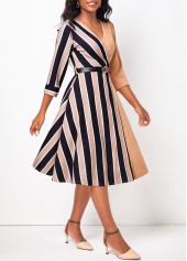 Striped V Neck 3/4 Sleeve Belted Light Coffee Dress