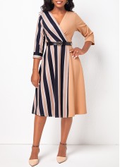 Striped V Neck 3/4 Sleeve Belted Light Coffee Dress
