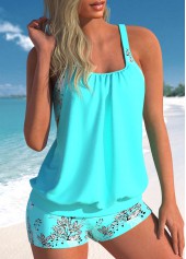 Leaf Print Fake 2in1 Cyan Tankini Set