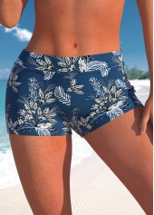 Mid Waisted Peacock Blue Leaf Print Swim Shorts