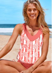 Geometric Print Patchwork Coral Tankini Set
