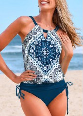Tribal Print Drawstring Peacock Blue Tankini Set