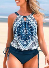 Tribal Print Drawstring Peacock Blue Tankini Set