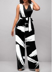 Graffiti Print Belted White Split Neck Jumpsuit