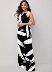 Graffiti Print Belted White Split Neck Jumpsuit