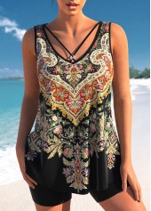Tribal Print Metal Ring Black Tankini Set