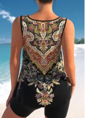 Tribal Print Metal Ring Black Tankini Set