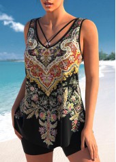 Tribal Print Metal Ring Black Tankini Set