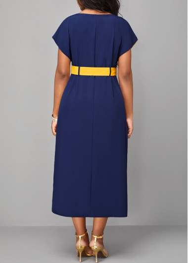 Rosewe Color Block Belted Midi Elegant Casual Dress Patchwork Belted Navy H Shape Round Neck Dress - XL