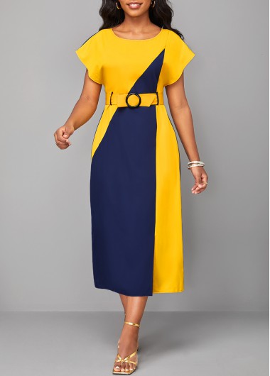 Rosewe Color Block Belted Midi Elegant Casual Dress Patchwork Belted Navy H Shape Round Neck Dress - XL