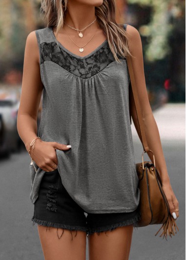 Lace Stitching Dark Grey Scoop Neck Tank Top