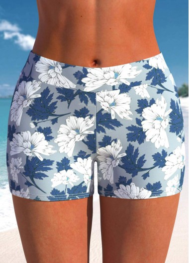 Mid Waisted Dusty Blue Floral Print Swim Shorts