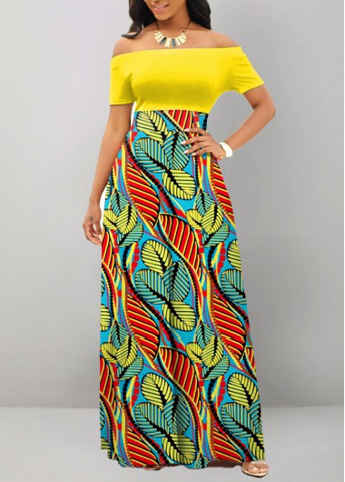 Multi Color Off Shoulder Leaf Print Maxi Dress | Qavaa
