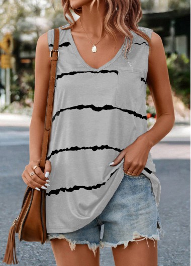 Striped Pocket Light Grey V Neck Tank Top 22$