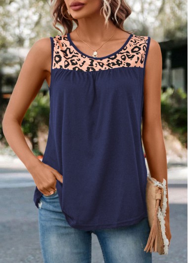 Leopard Patchwork Navy Round Neck Tank Top 24$