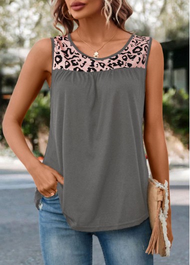 Leopard Patchwork Grey Round Neck Tank Top 24$