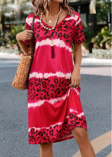 Hot Pink V Neck Leopard Dress