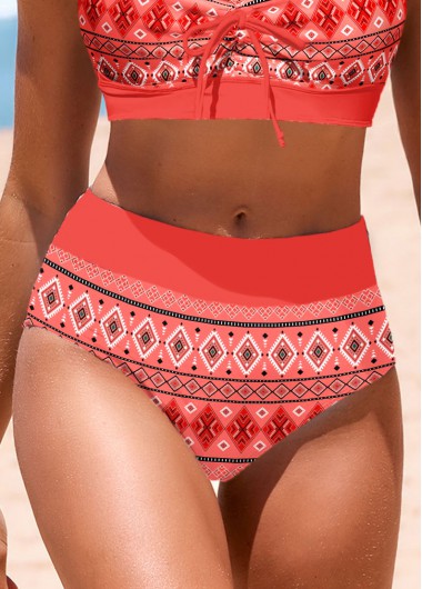 Mid Waisted Coral Geometric Print Bikini Bottom