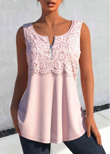 Light Pink Round Neck Lace Tank Top 33$
