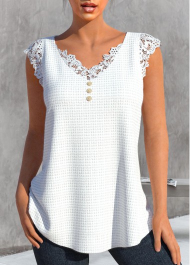 Lace V Neck White Tank Top 32$