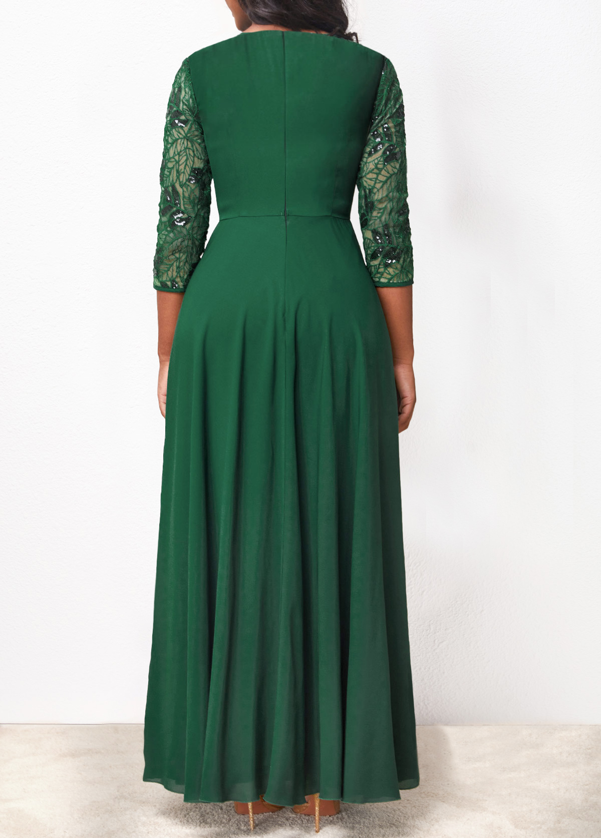 Sequin Lace Blackish Green Round Neck Maxi Dress