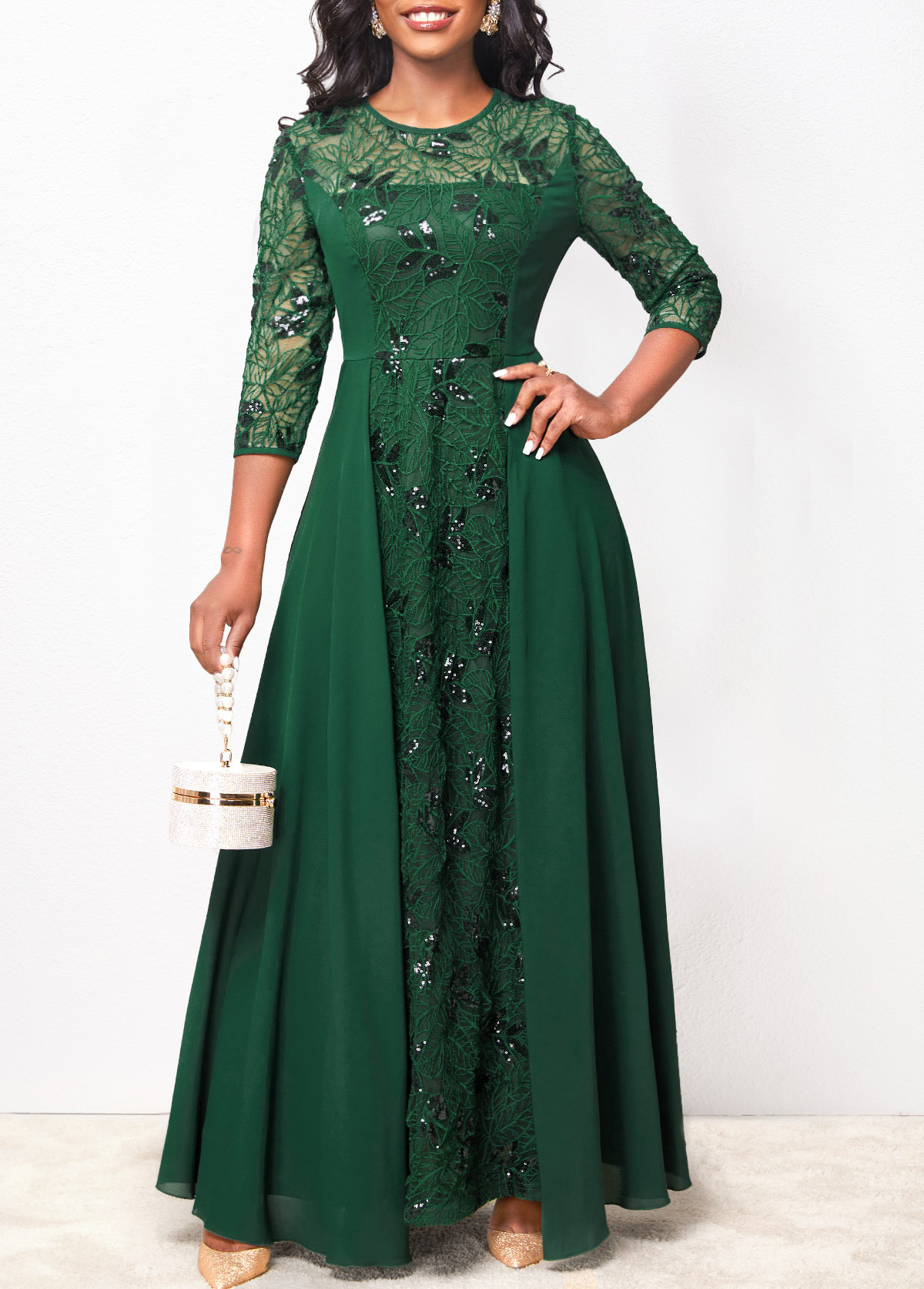 Sequin Lace Blackish Green Round Neck Maxi Dress