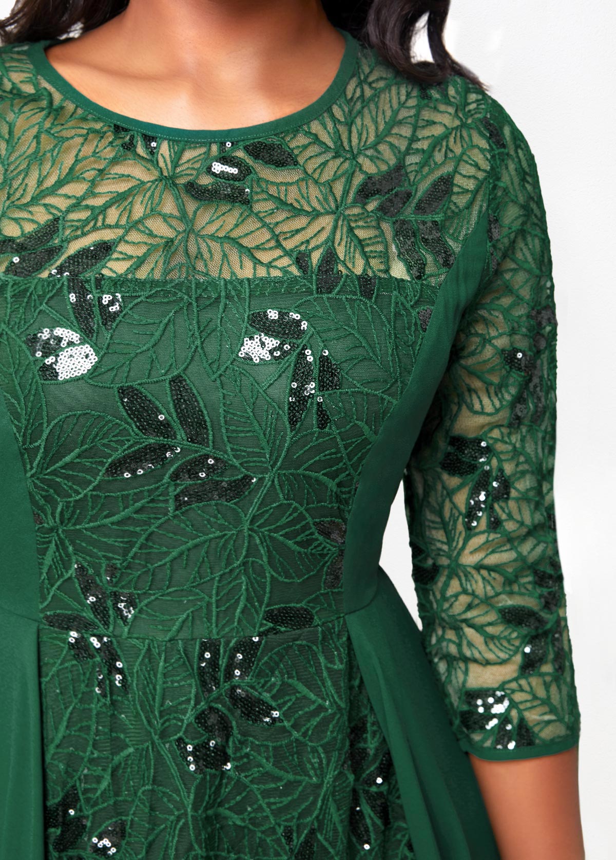 Sequin Lace Blackish Green Round Neck Maxi Dress