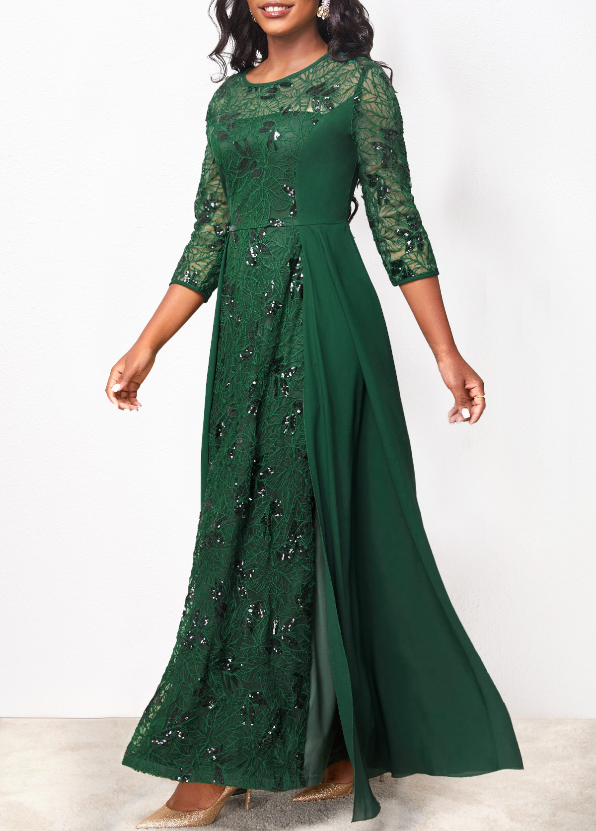 Sequin Lace Blackish Green Round Neck Maxi Dress