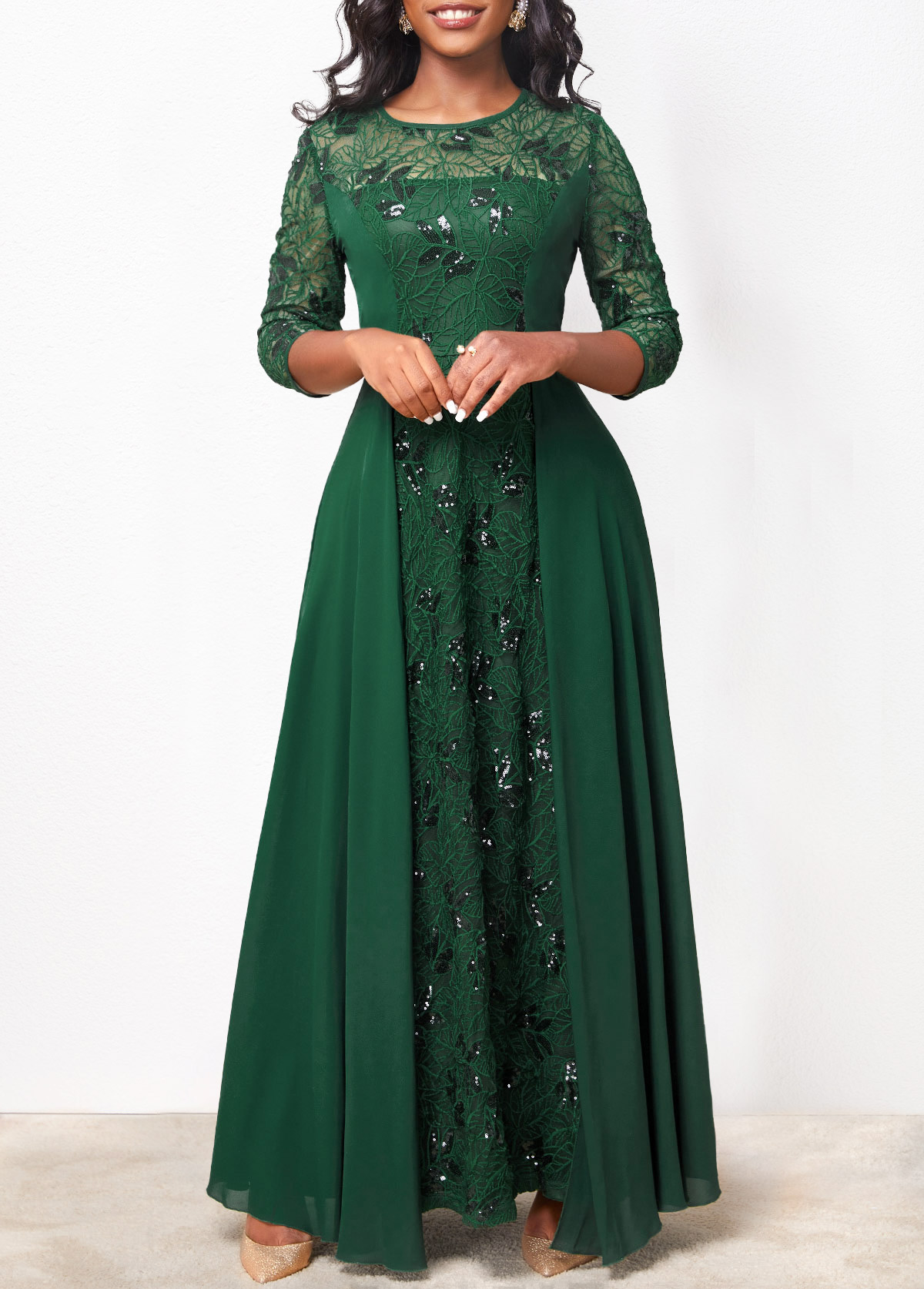 Sequin Lace Blackish Green Round Neck Maxi Dress