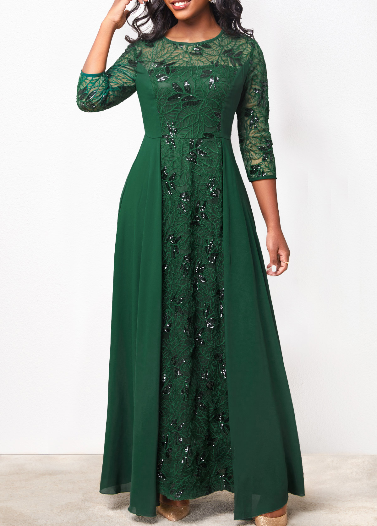 Sequin Lace Blackish Green Round Neck Maxi Dress
