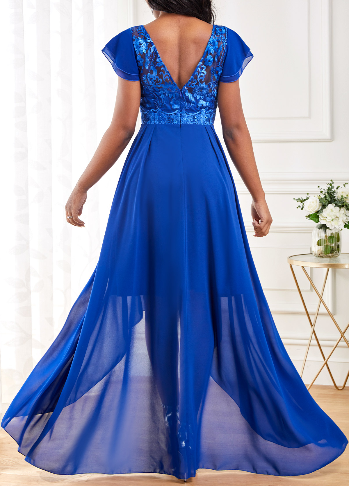 Lace V Neck Royal Blue High Low Dress