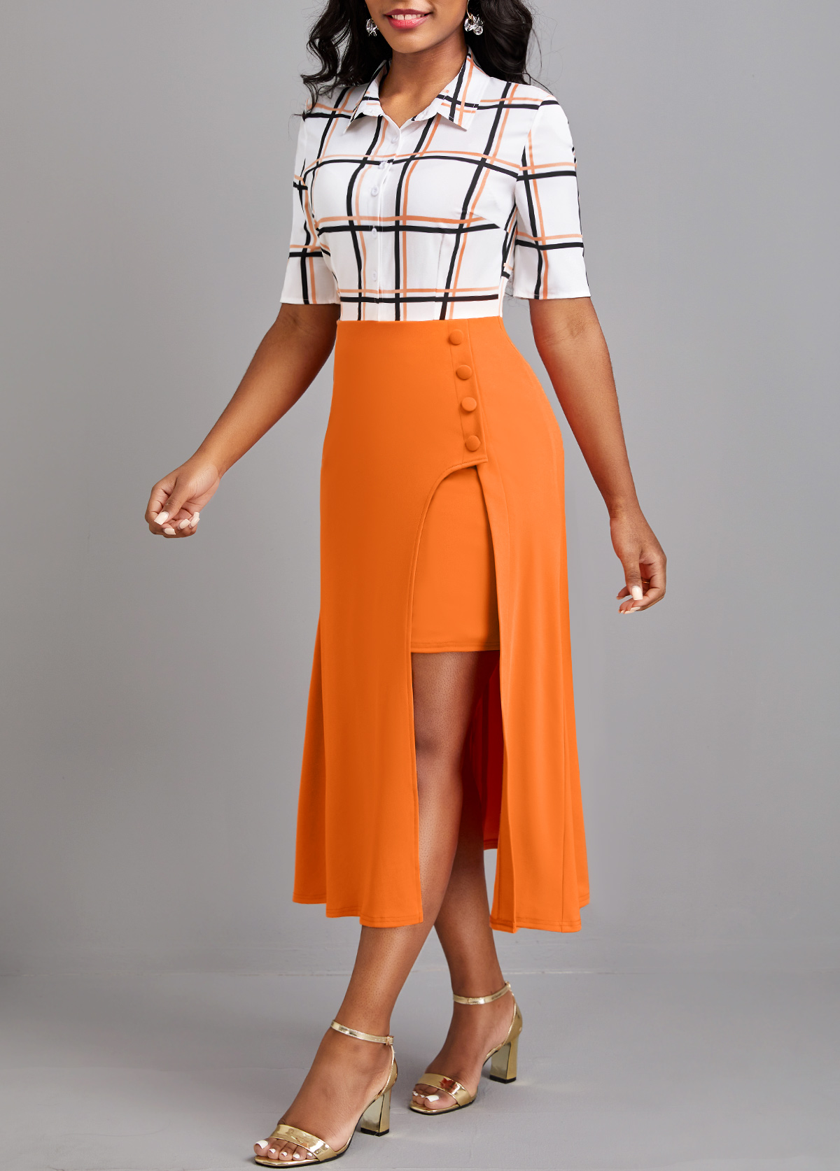 Plaid Asymmetry Orange Shirt Collar Dress