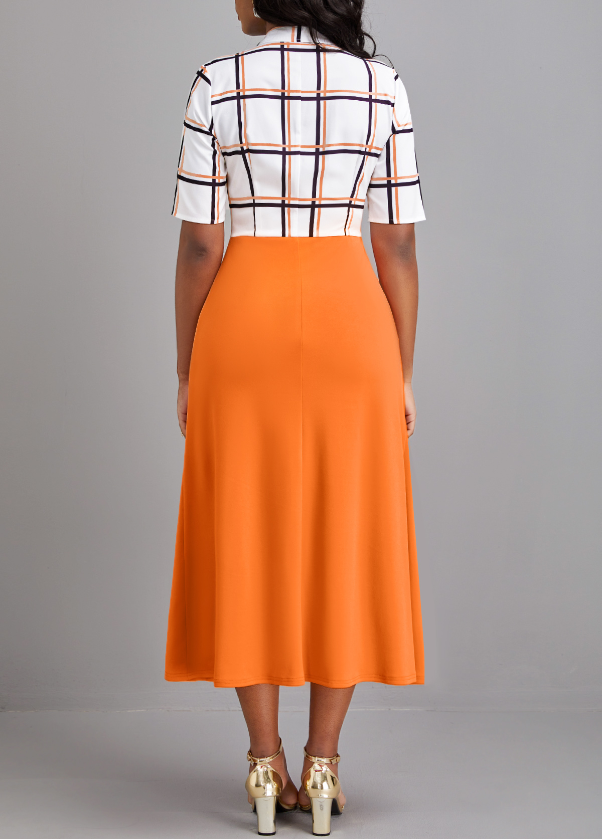 Plaid Asymmetry Orange Shirt Collar Dress