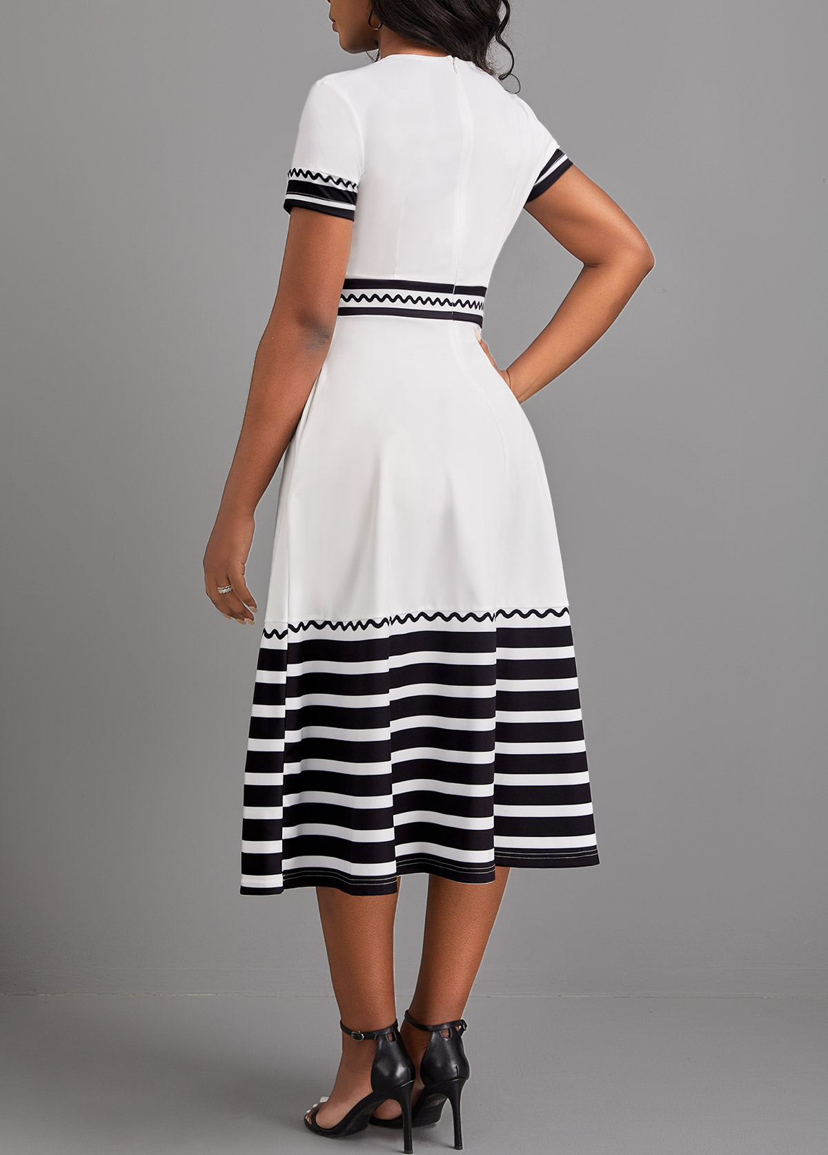 Striped Patchwork White V Neck Short Sleeve Dress