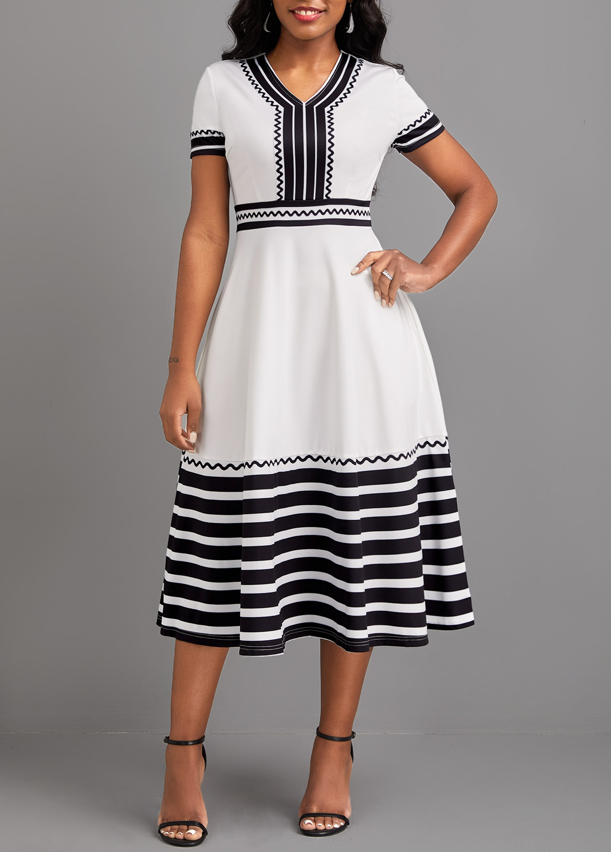 Striped Patchwork White V Neck Short Sleeve Dress