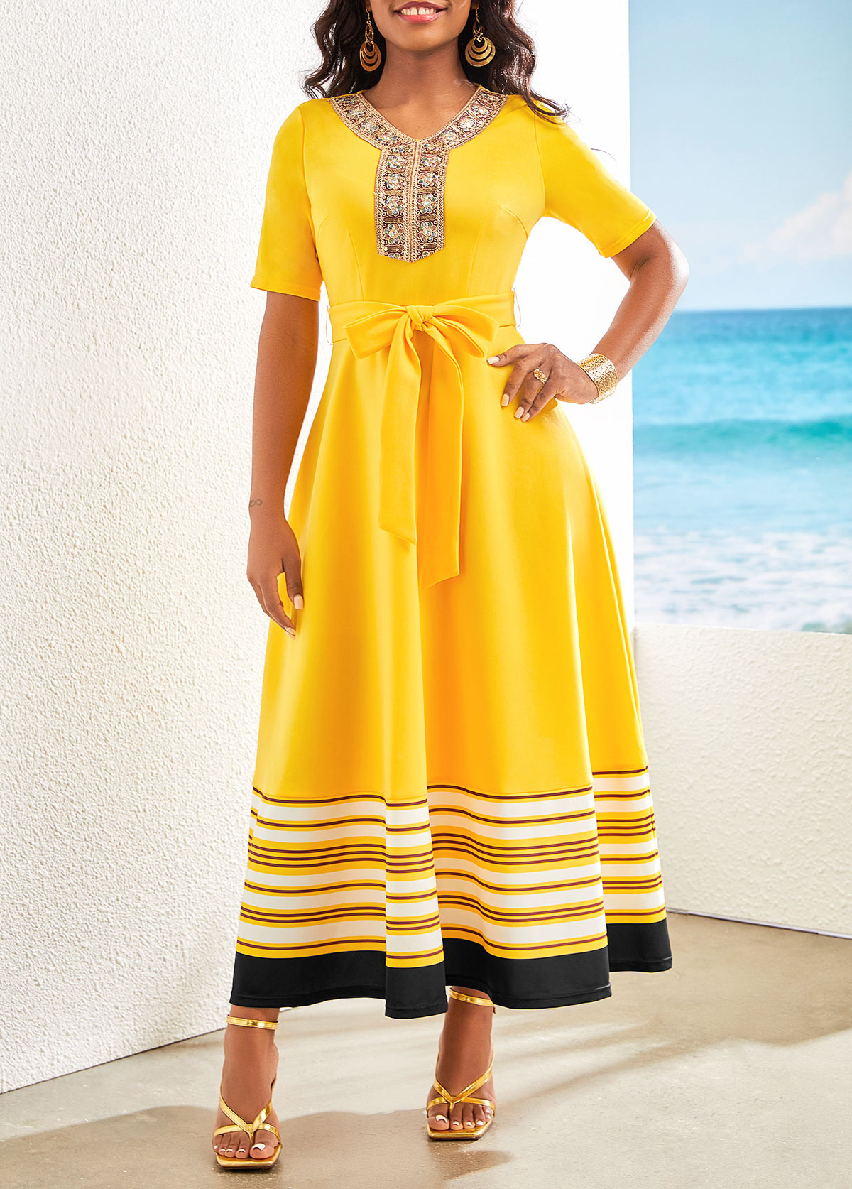 Striped Patchwork Belted Yellow V Neck Maxi Dress