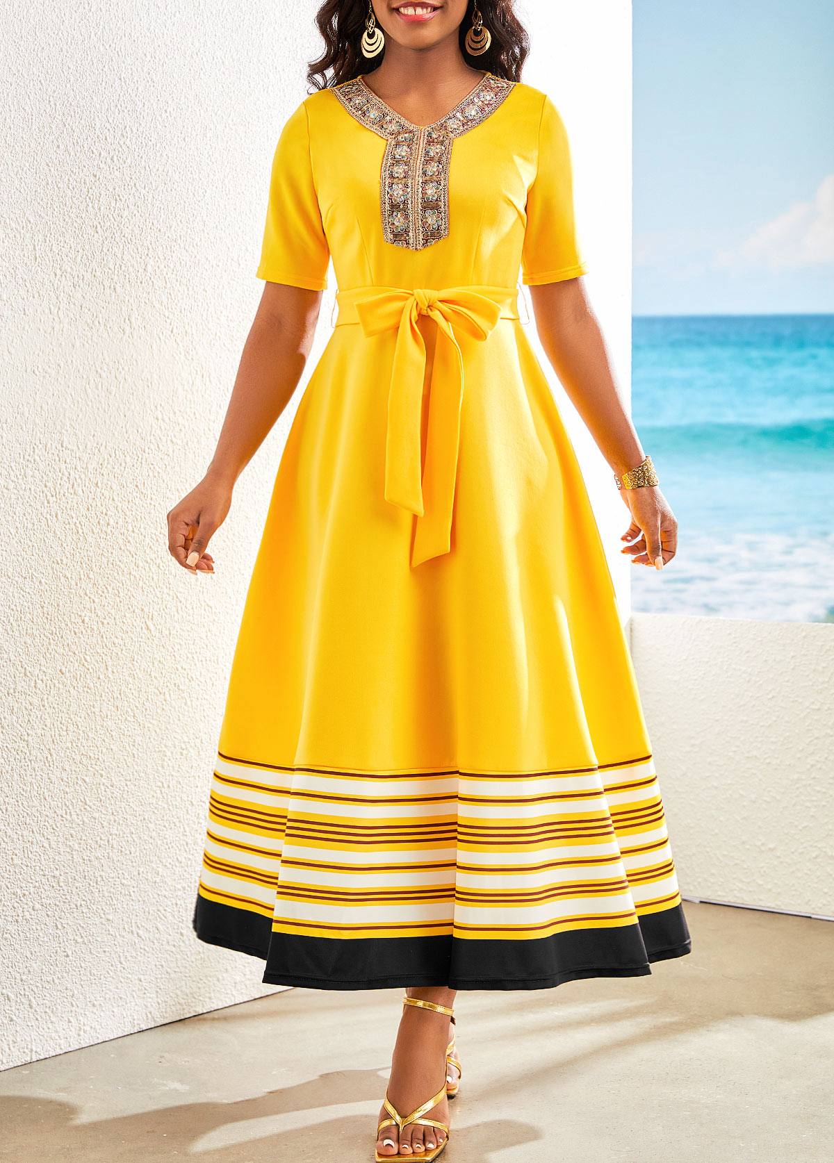 Striped Patchwork Belted Yellow V Neck Maxi Dress