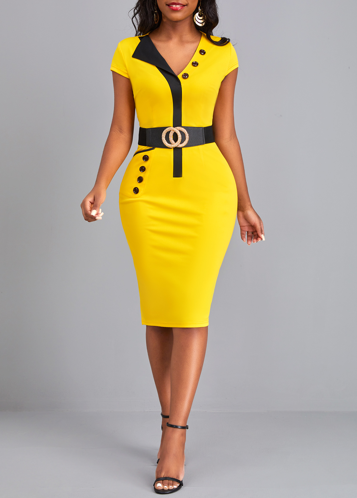 Yellow V Neck Short Sleeve Pocket Dress