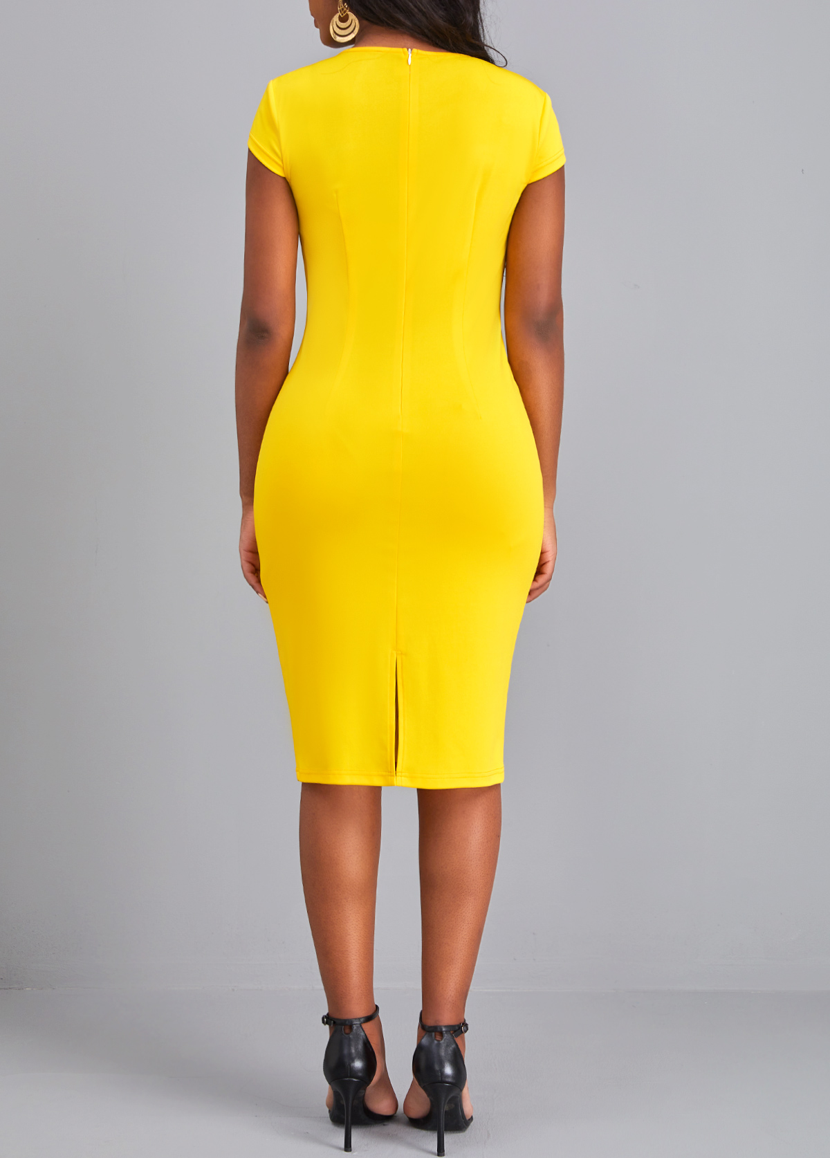 Yellow V Neck Short Sleeve Pocket Dress