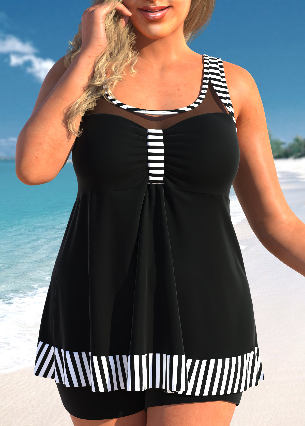 Black Plus Size Striped Mesh Tankini Top-No Bottom