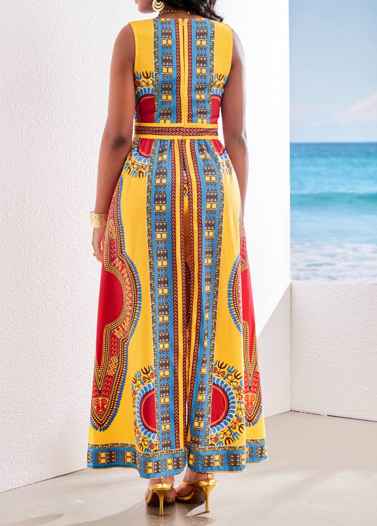 African Tribal Print Patchwork Yellow Ankle Length Jumpsuit
