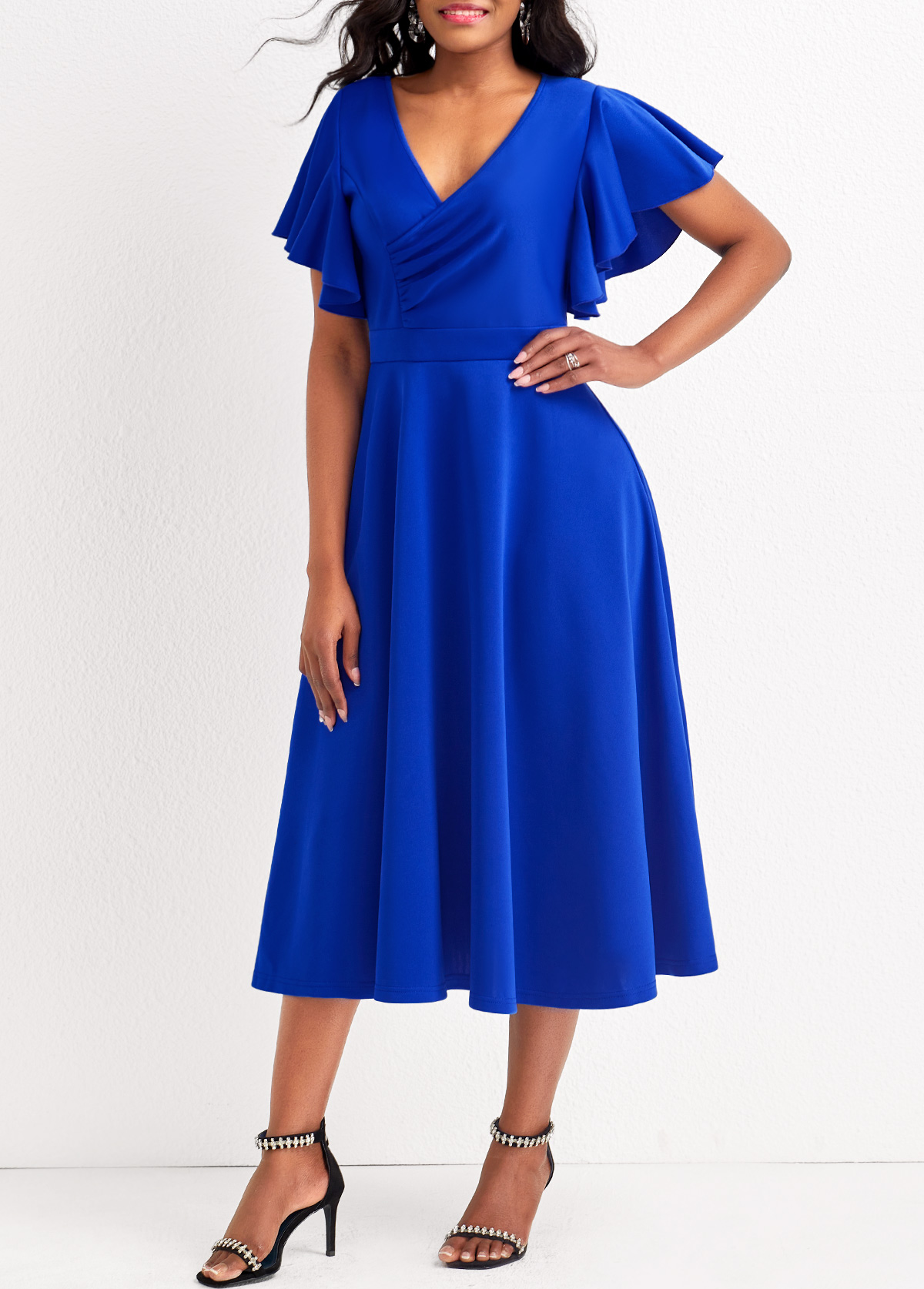 Royal Blue Smocked V Neck Short Sleeve Dress