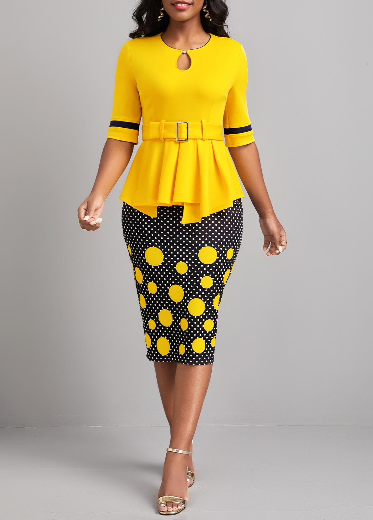 Polka Dot Patchwork Belted Yellow Bodycon Dress