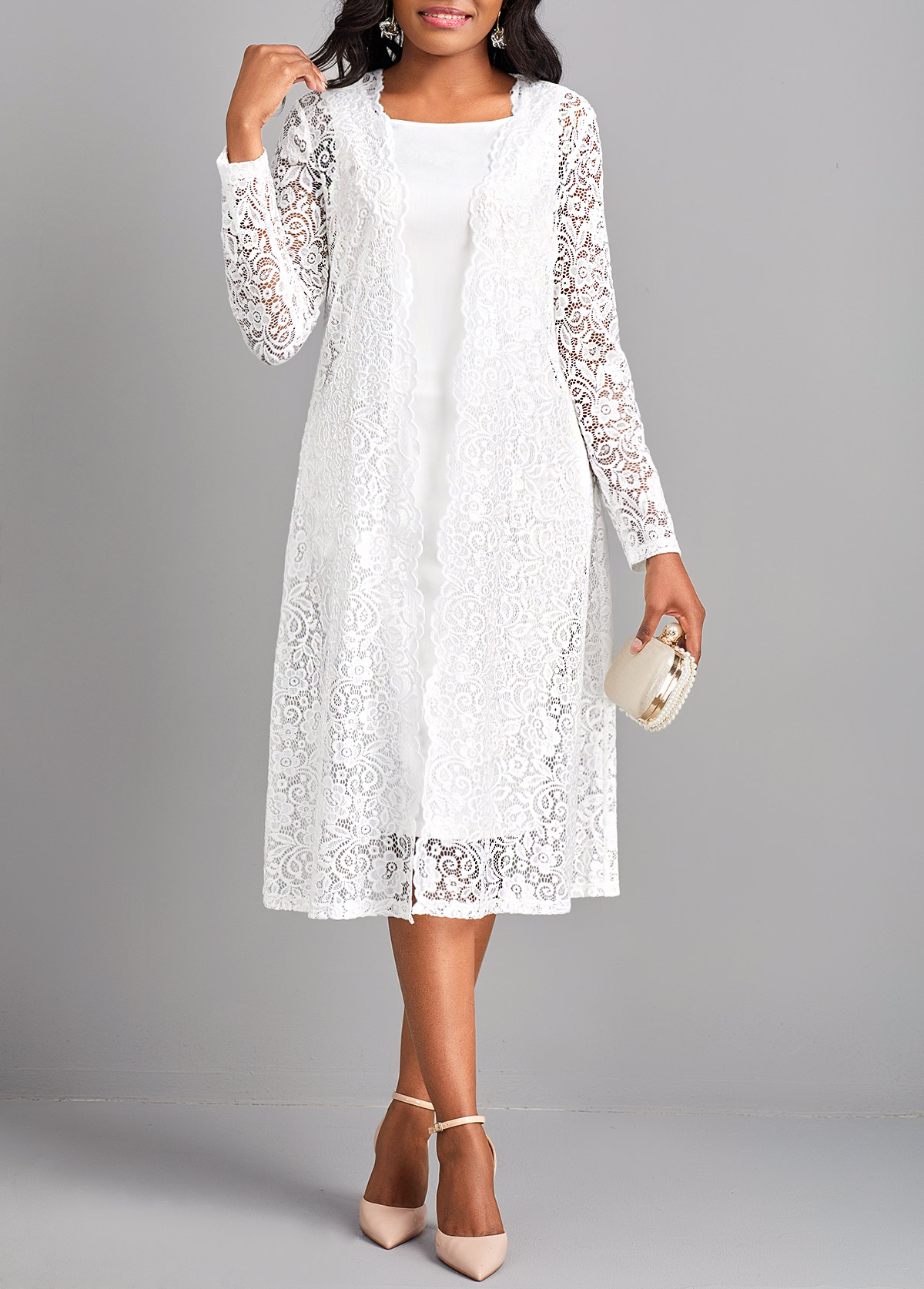 Lace Two Piece Suit Square Neck White Dress