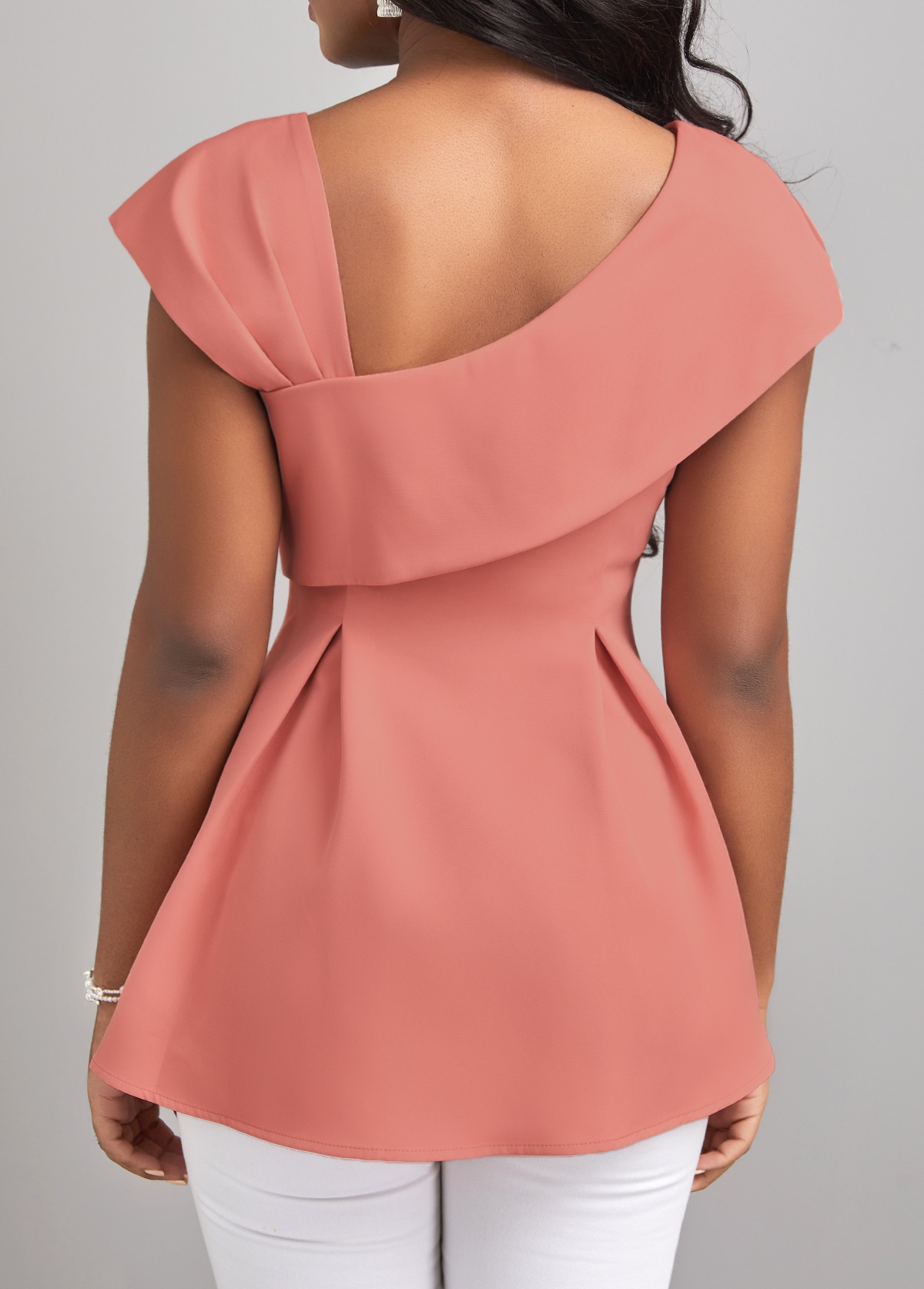 Asymmetrical Neck Short Sleeve Pink Blouse