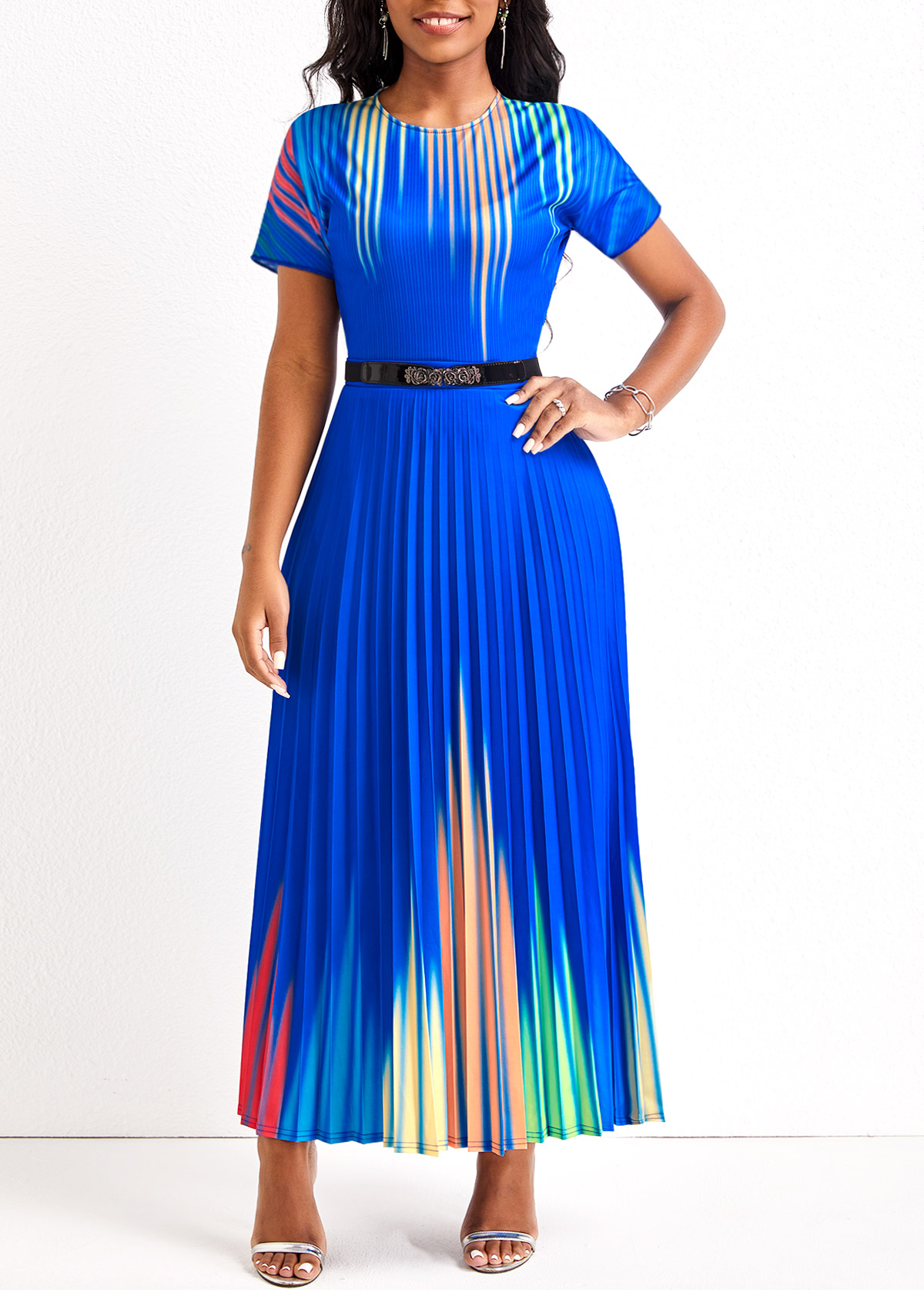 Ombre Pleated Royal Blue Round Neck Maxi Dress