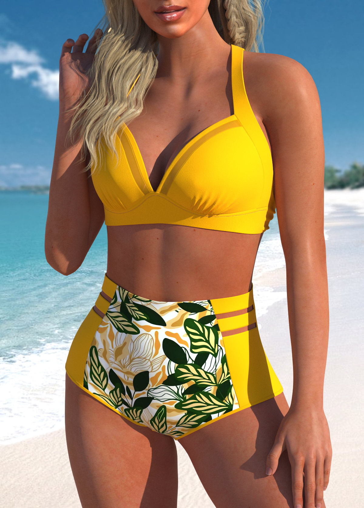 Leaf Print Mesh Yellow Bikini Set