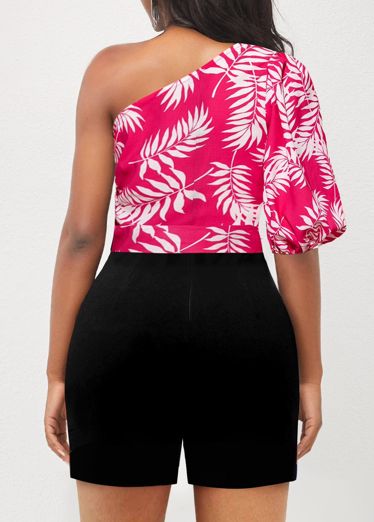 Plants Print Hot Pink Belted Bowknot Romper