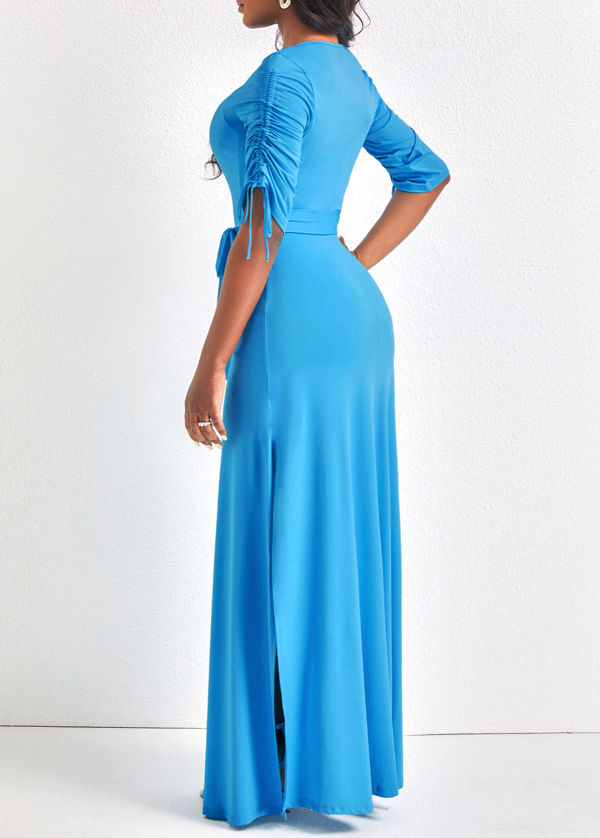 Drawstring Belted Light Blue Maxi Dress