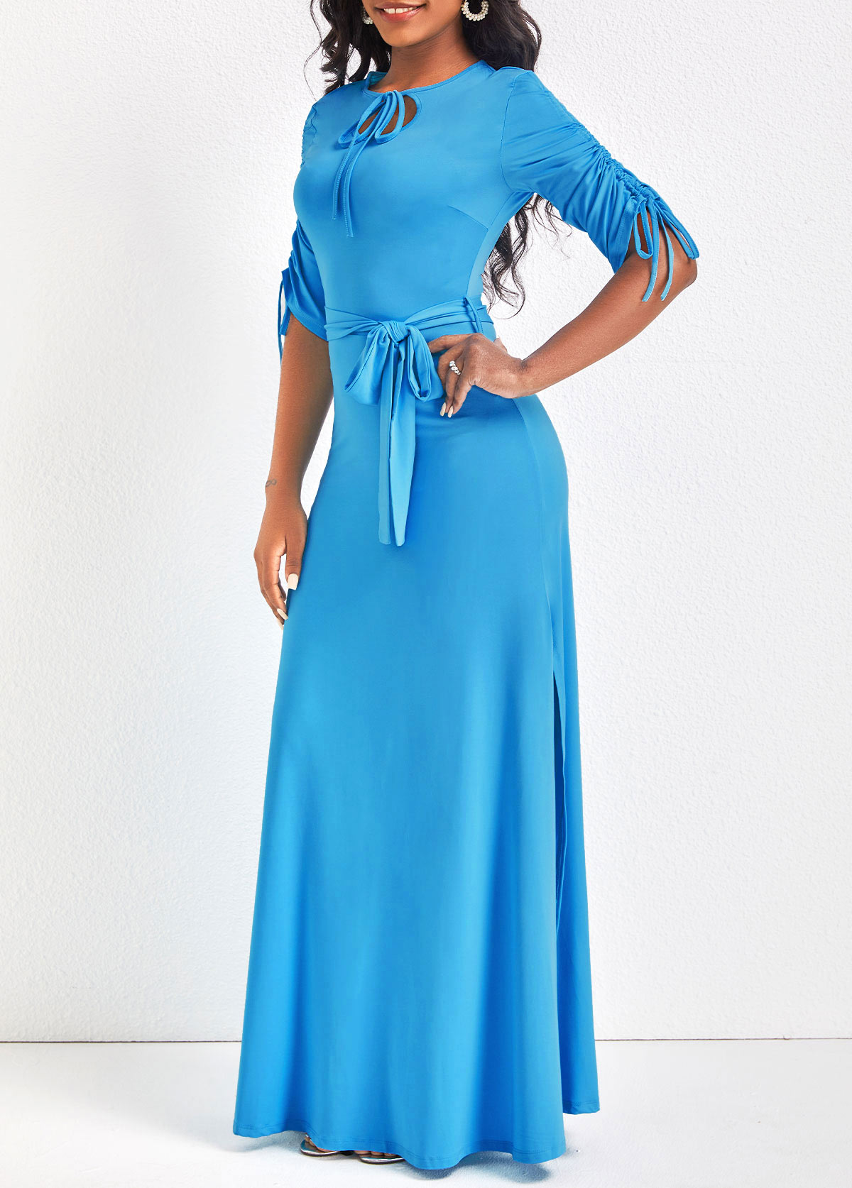 Drawstring Belted Light Blue Maxi Dress